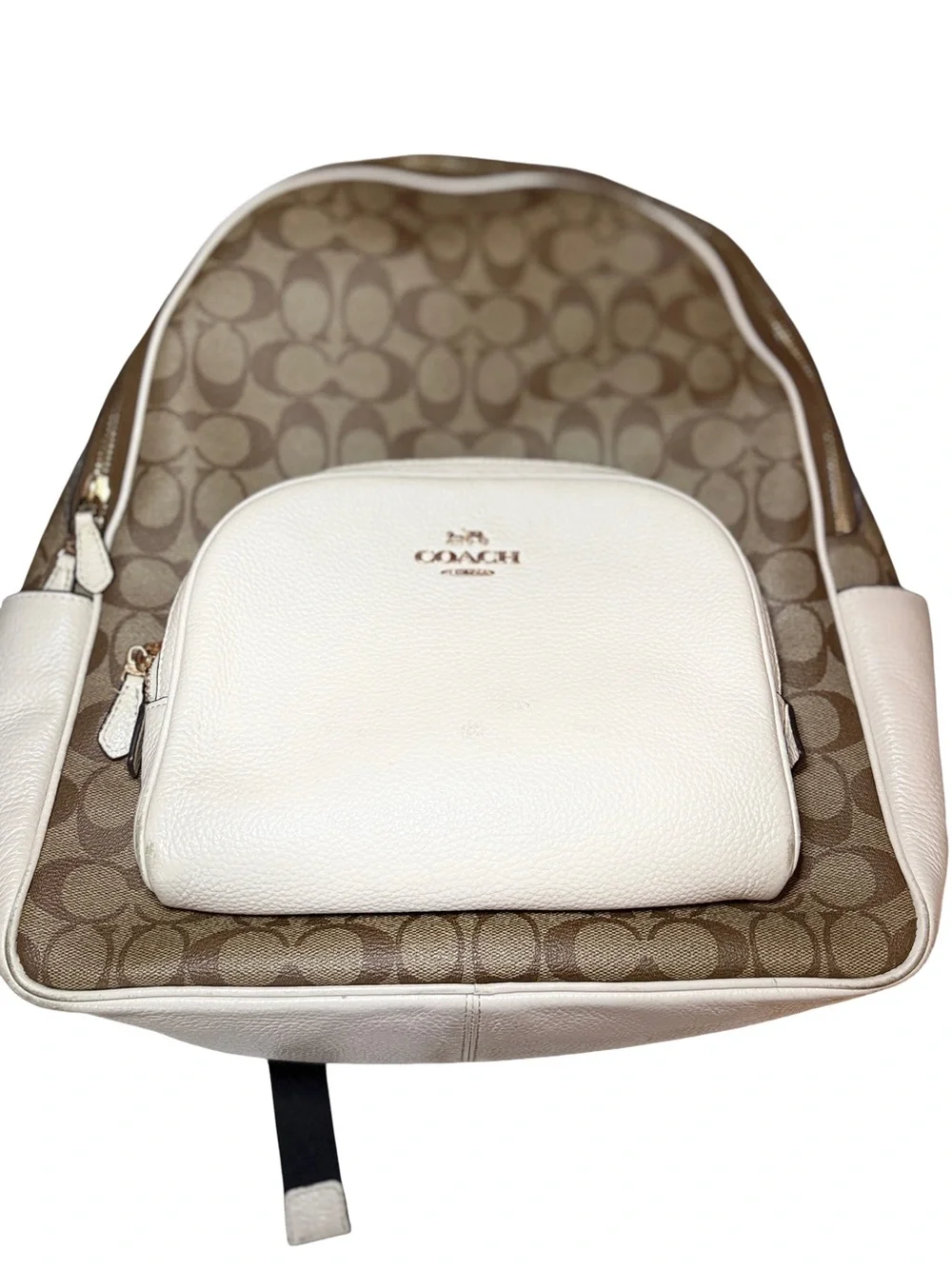 Coach Brown Signature Canvas Backpack with White Leather Pocket
